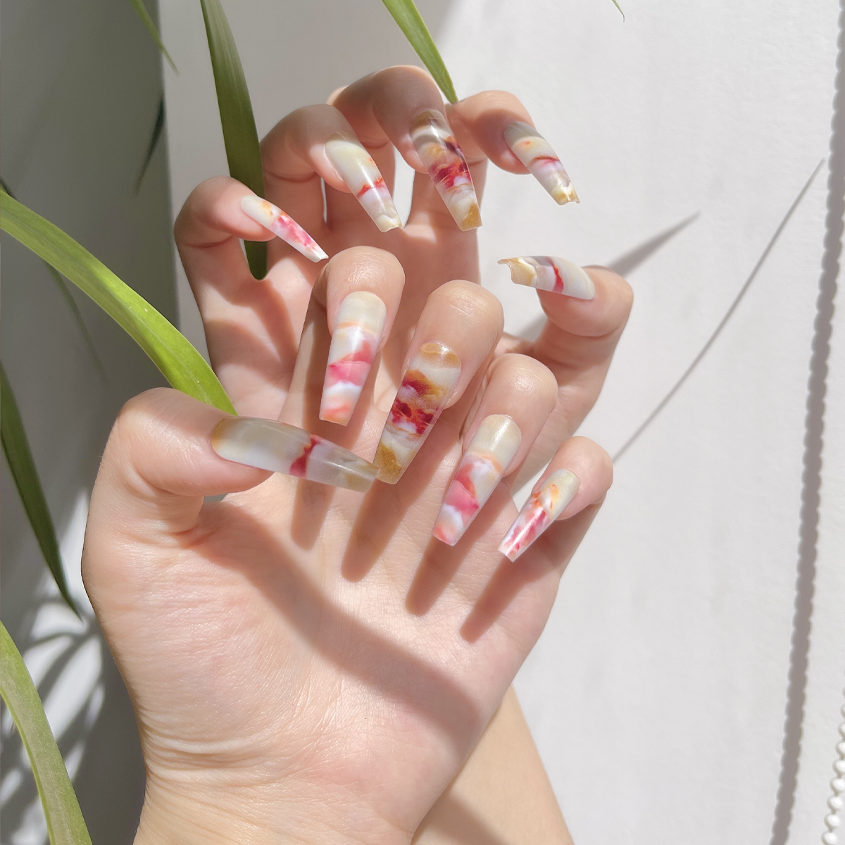 24 PCS PRESS ON NAIL TIPS BALLET SHAPE ROSY CLOUDS PATTERN full figure