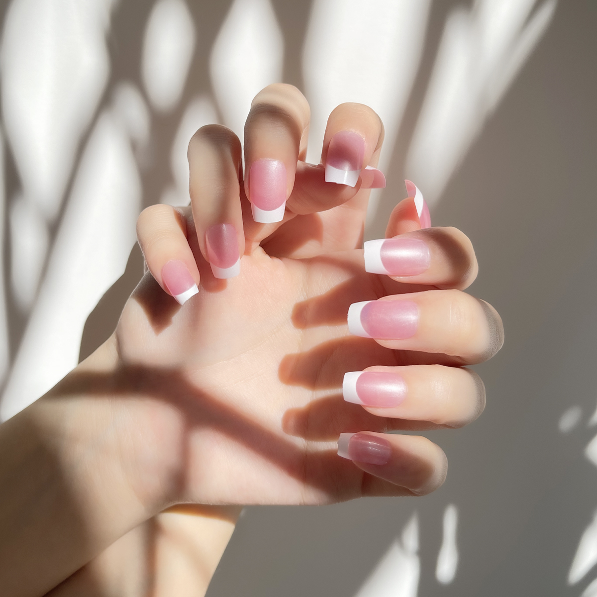 24 PCS PRESS ON NAIL TIPS SHORT COFFIN PINK BACKGROUND AND FRENCH STYLE details Picture