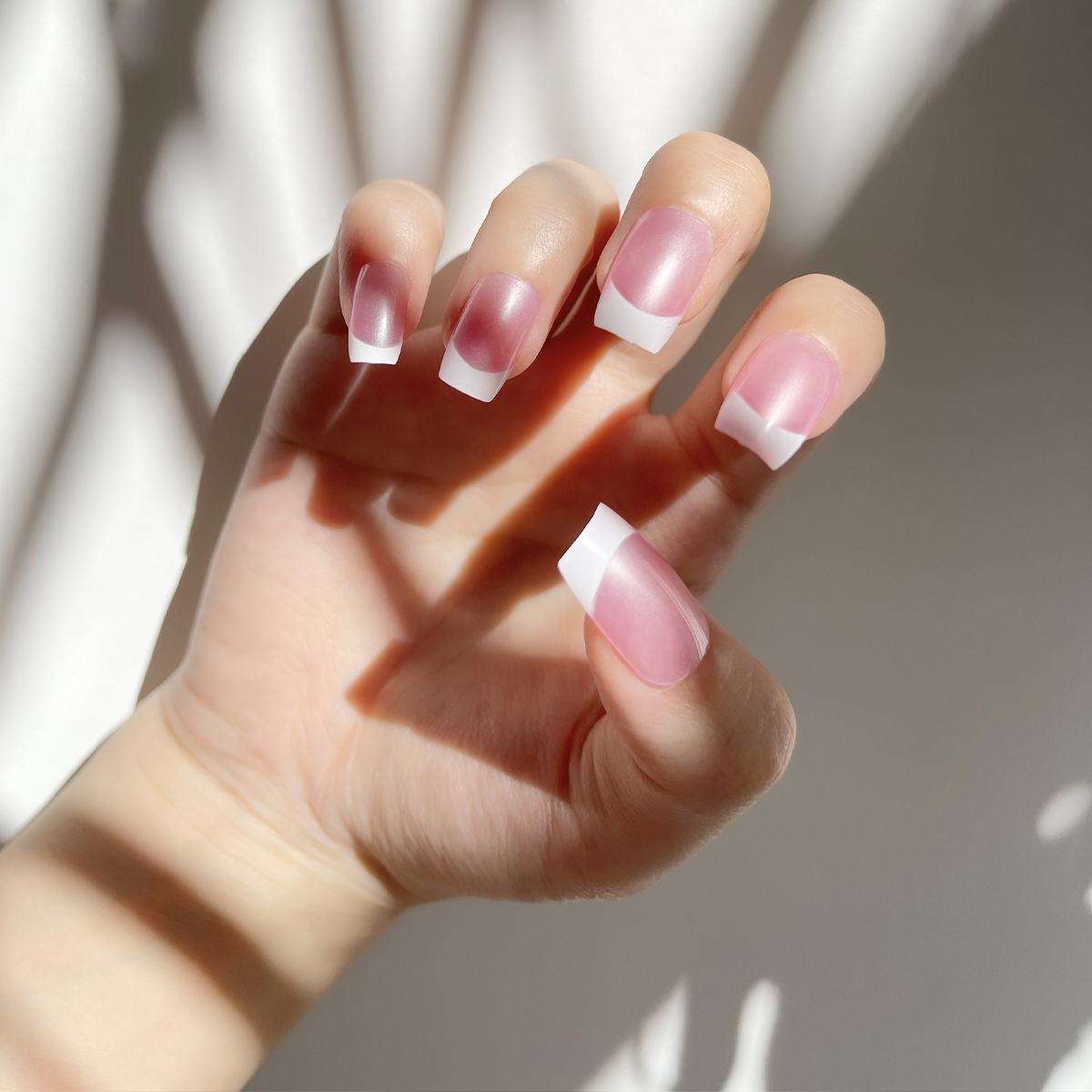 24 PCS PRESS ON NAIL TIPS SHORT COFFIN PINK BACKGROUND AND FRENCH STYLE Application Scenario