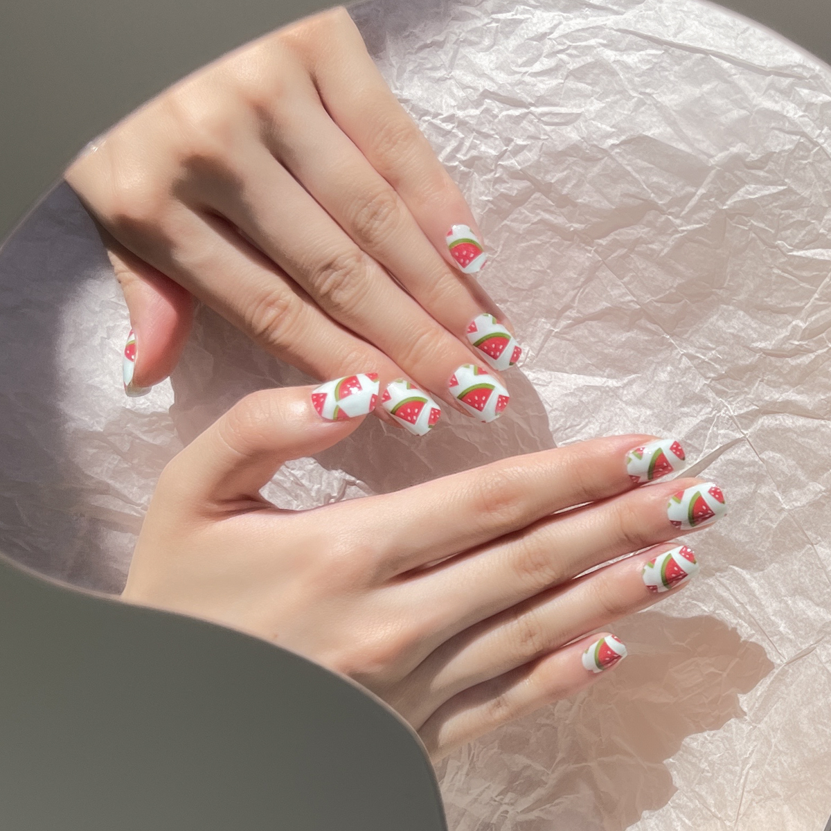 24 PCS PRESS ON NAIL TIPS ROUND SHAPE WATERMELON PATTERN full figure