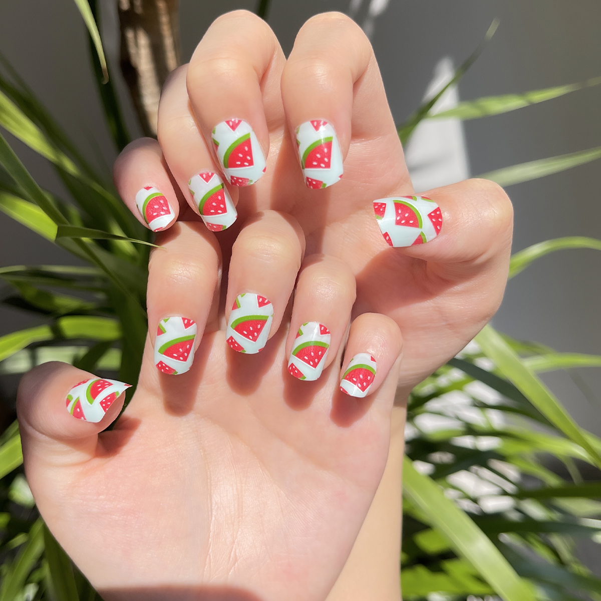 24 PCS PRESS ON NAIL TIPS ROUND SHAPE WATERMELON PATTERN Specification drawing
