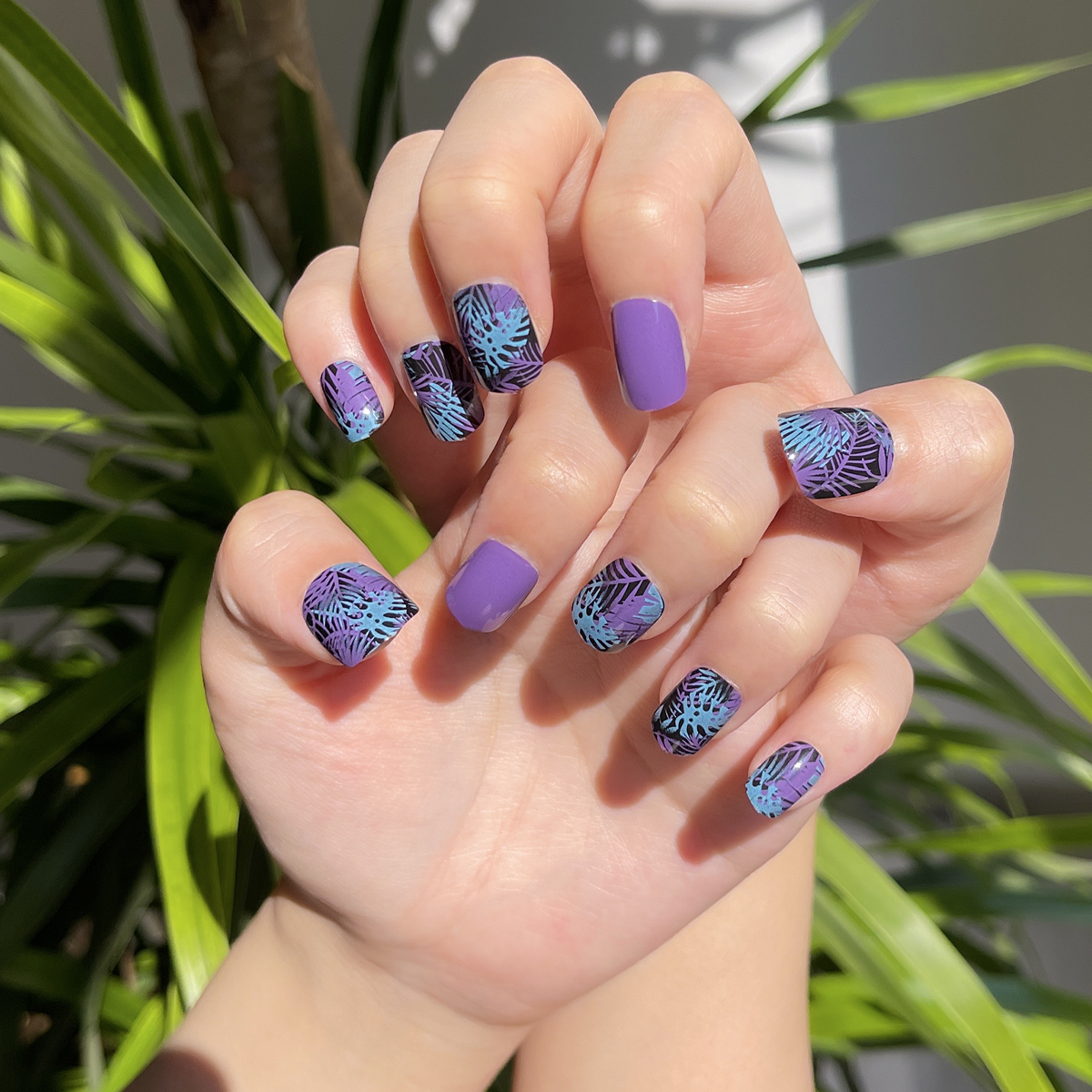 24 PCS PRESS ON NAIL TIPS ROUND SHAPE PURPLE BASE COLOR WITH LEAVES Specification drawing