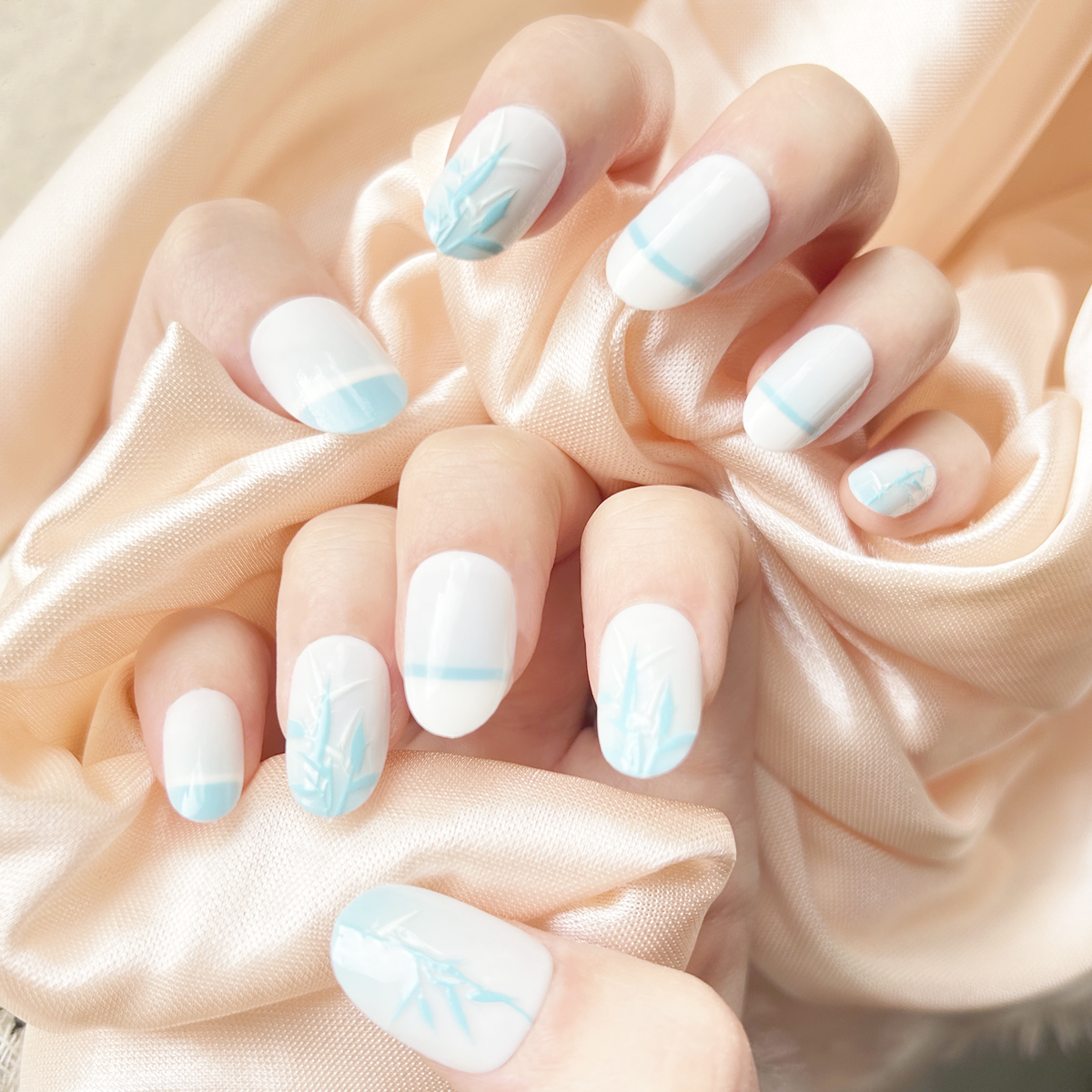 24 PCS PRESS ON NAIL TIPS OVAL SHAPE BABY BLUE COLOR BAMBOO details Picture