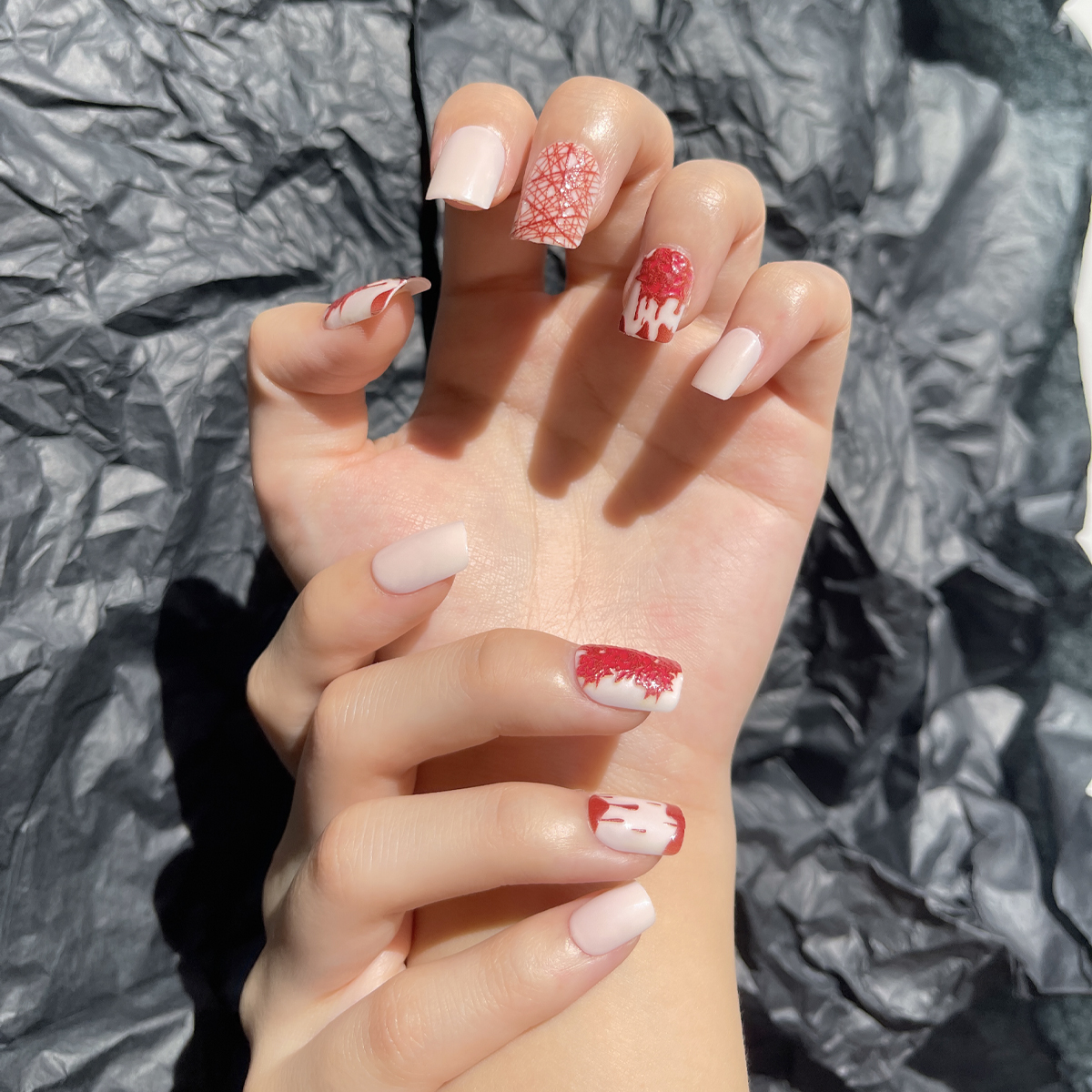 24 PCS PRESS ON NAIL TIPS SQUARE SHAPE BLOOD DROPLETS PATTERN Application Scenario