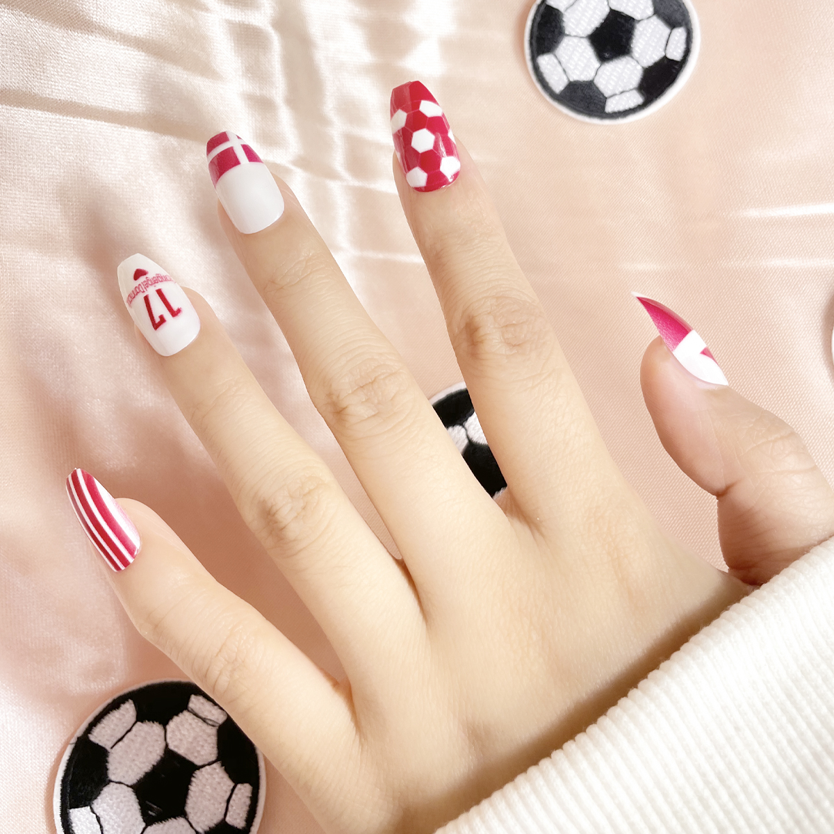 24 PCS PRESS ON NAIL TIPS COFFIN SHAPE PINK FOOTBALL PATTERN Specification drawing