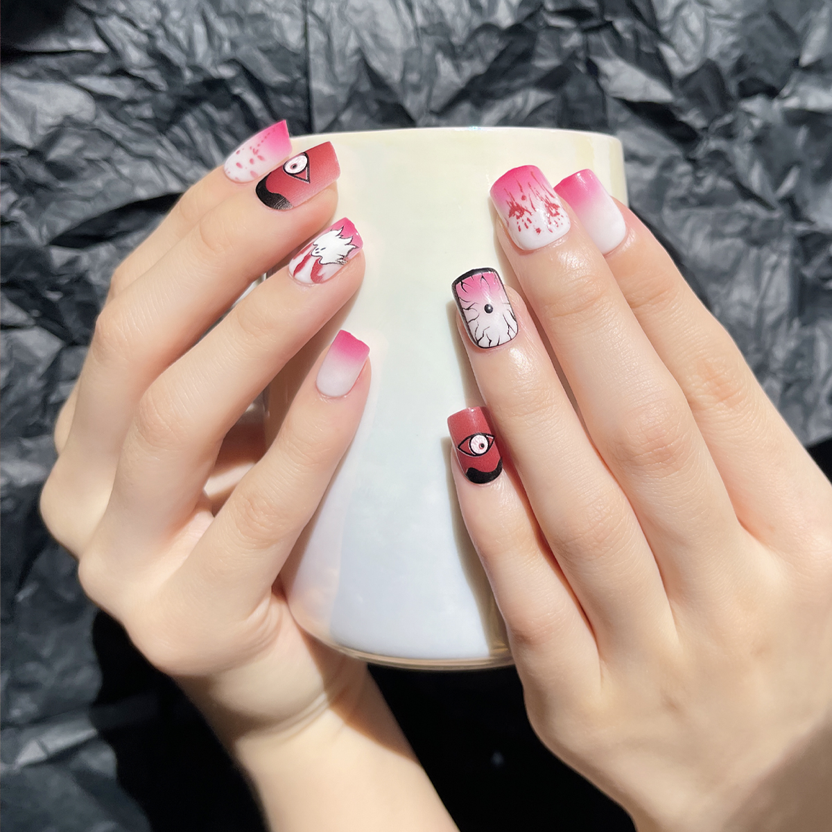 24 PCS PRESS ON NAIL TIPS SQUARE SHAPE EYES AND GHOST PATTERN details Picture