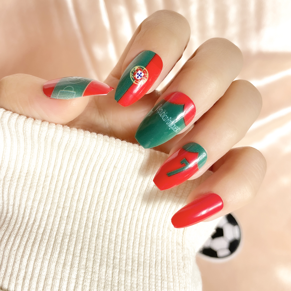 24 PCS PRESS ON NAIL TIPS COFFIN SHAPE PORTUGUESE FOOTBALL TEAM Application Scenario