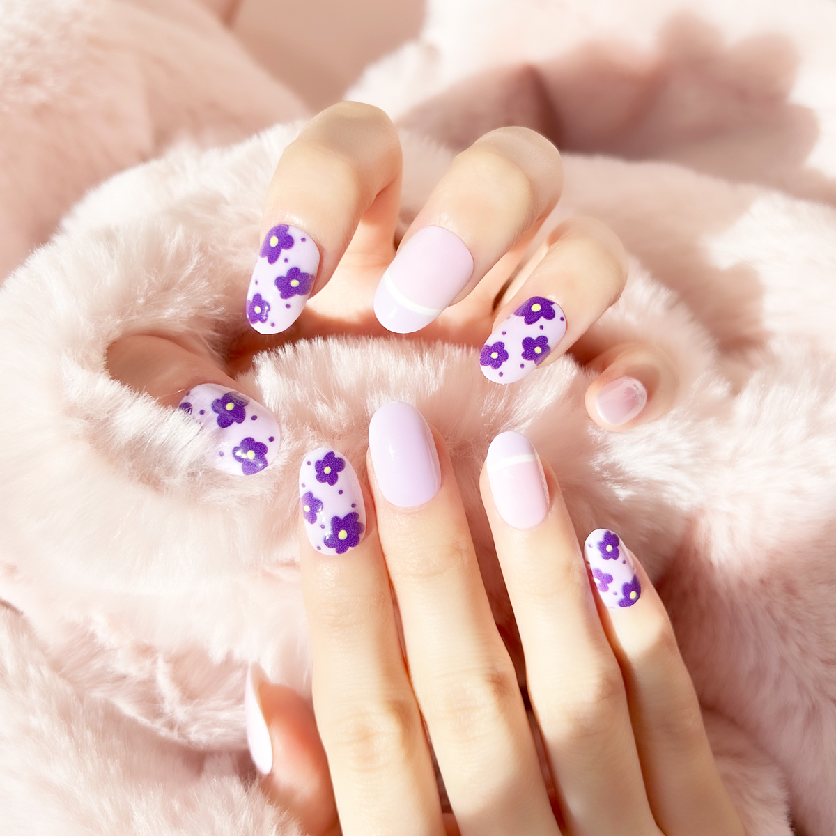 24 PCS PRESS ON NAIL TIPS OVAL SHAPE PURPLE FLOWER PATTERN full figure