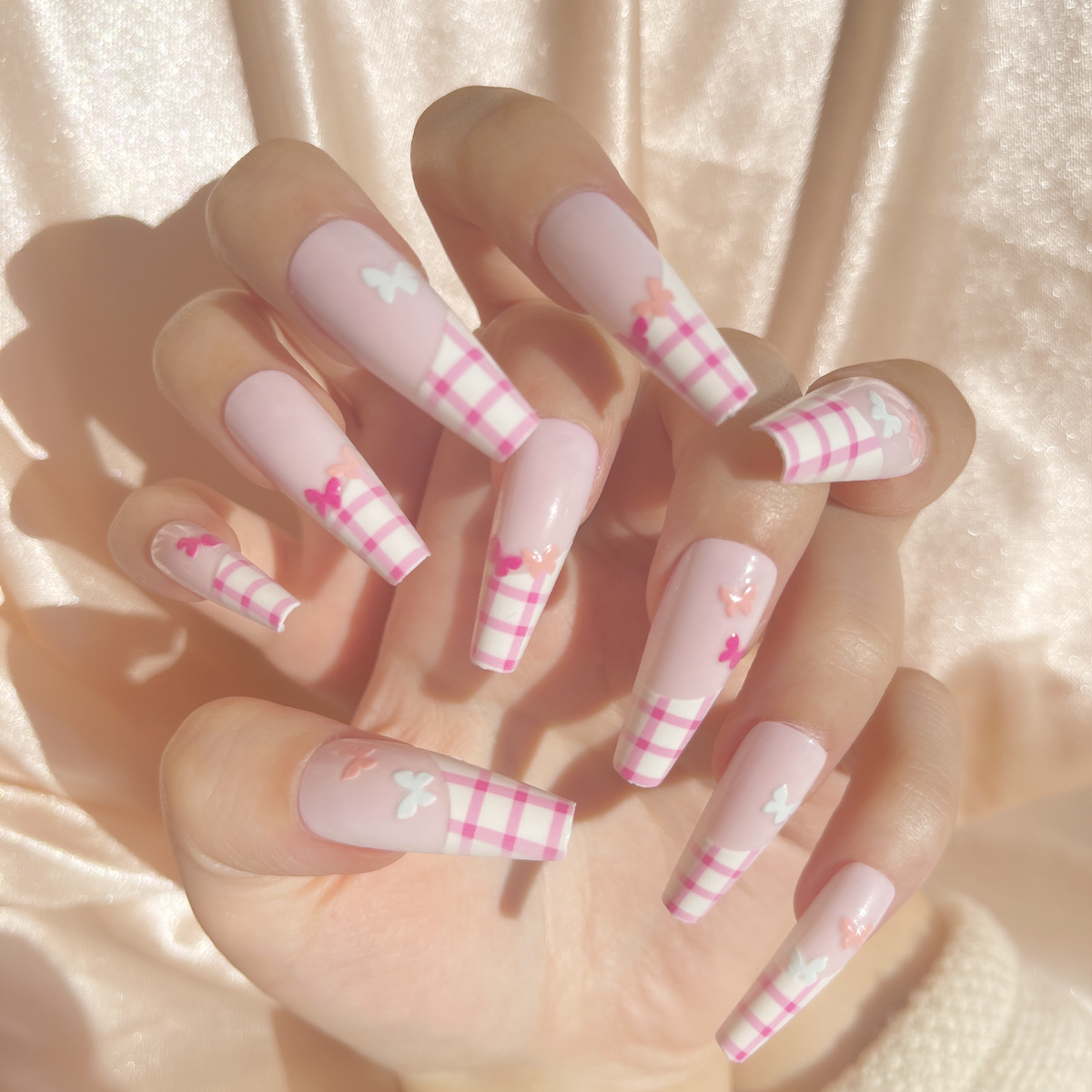 24 PCS PRESS ON NAIL TIPS BALLET SHAPE PINK BASE COLOR BUTTERFLY PATTERN full figure