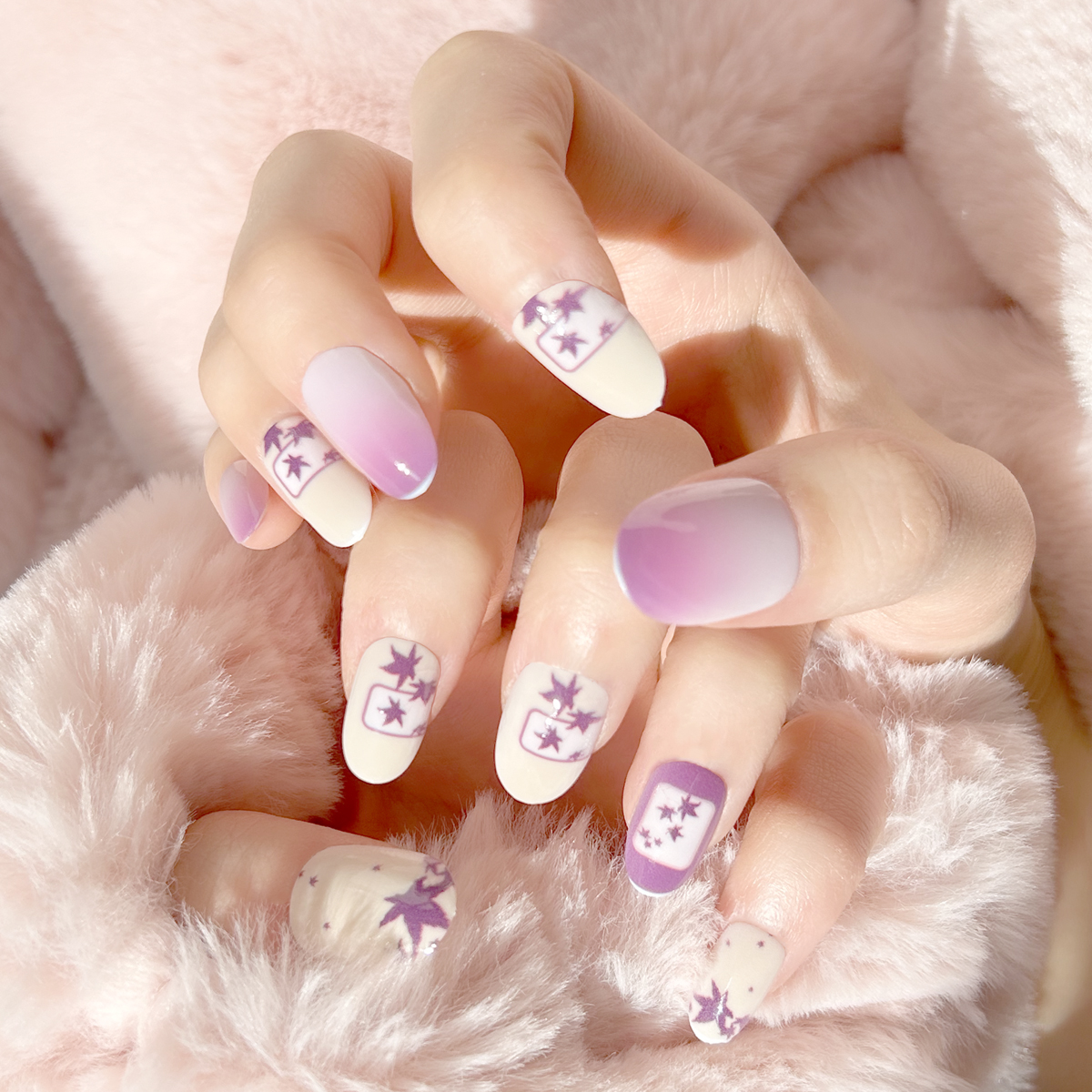 24 PCS PRESS ON NAIL TIPS OVAL SHAPE MAPLE LEAVES PATTERN full figure