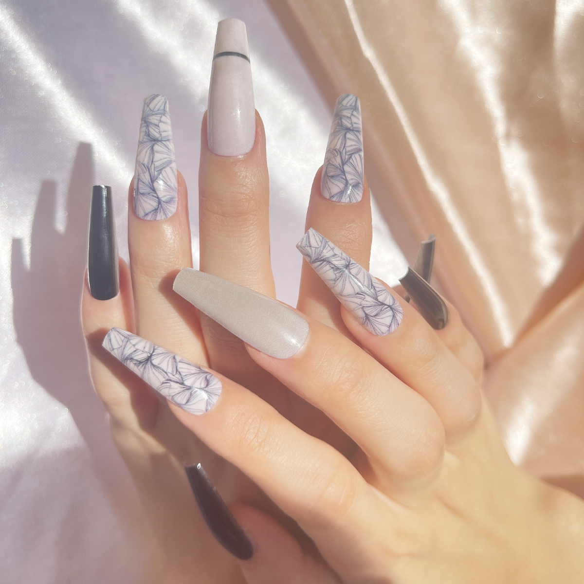 24 PCS PRESS ON NAIL TIPS BALLET SHAPE BLACK AND WHITE COLOR Specification drawing