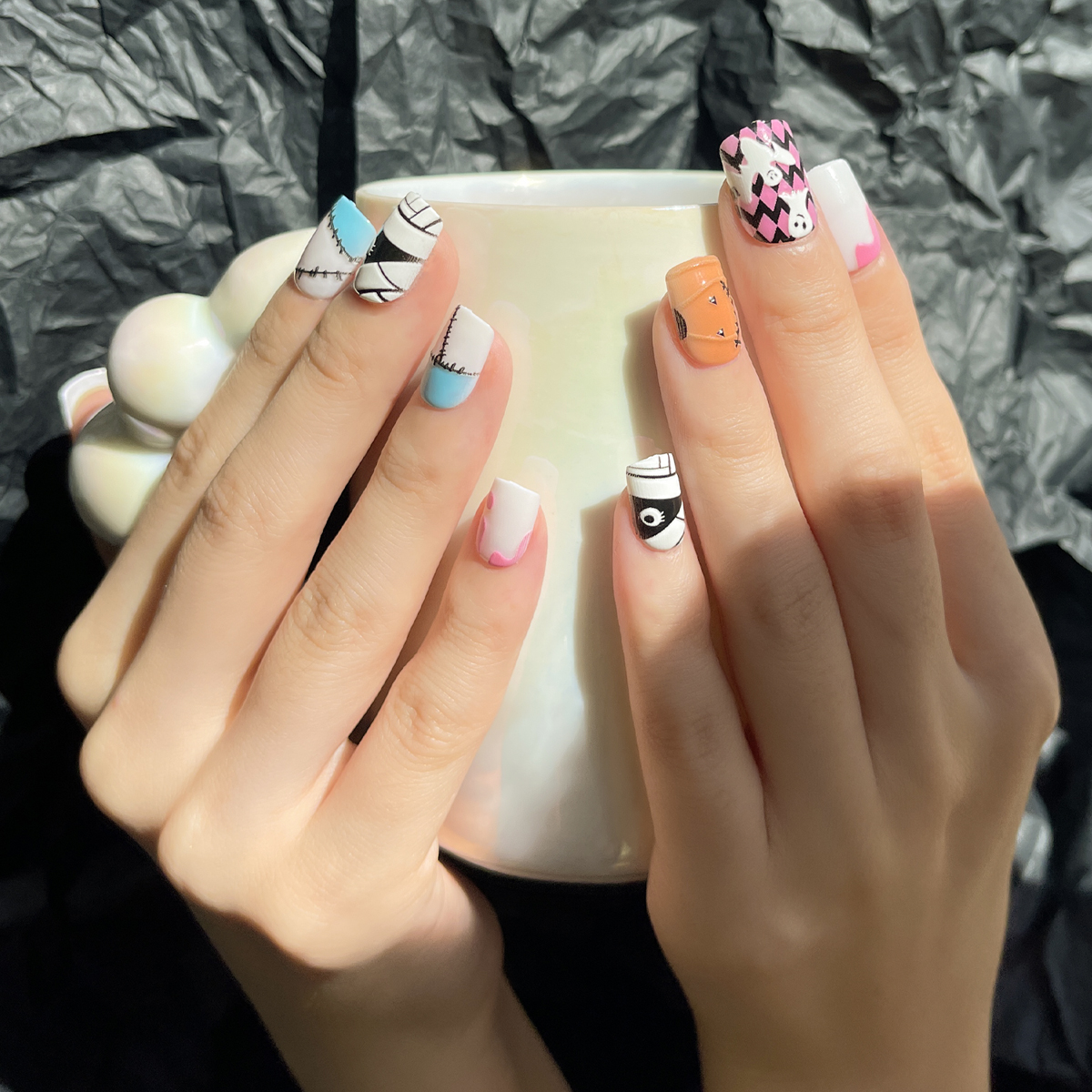 24 PCS PRESS ON NAIL TIPS SQUARE SHAPE PUMPKIN AND GHOST PATTERN full figure