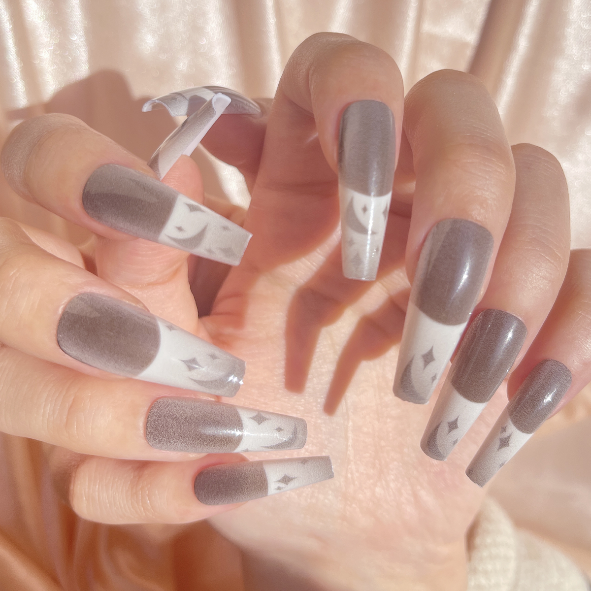 24 PCS PRESS ON NAIL TIPS BALLET SHAPE MOON AND STAR PATTERN details Picture