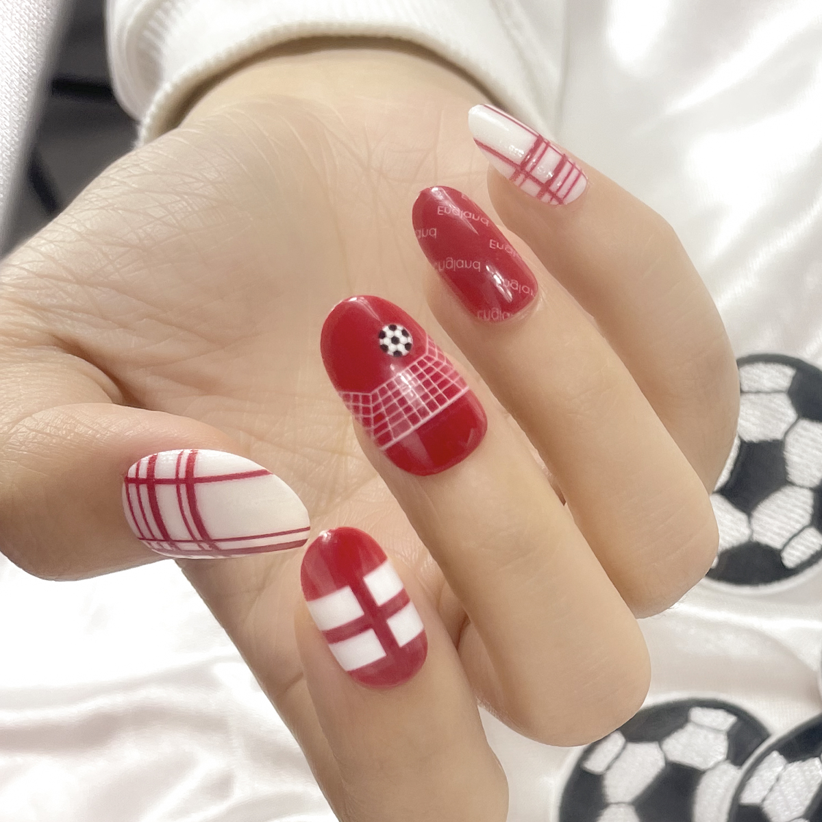 24 PCS PRESS ON NAIL TIPS OVAL SHAPE RED BASE COLOR FOOTBALL THEME Application Scenario