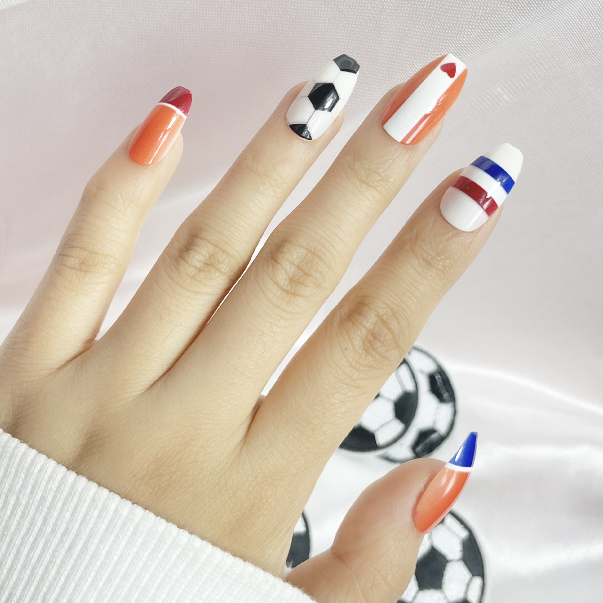 24 PCS PRESS ON NAIL TIPS COFFIN SHAPE FOOTBALL THEME full figure