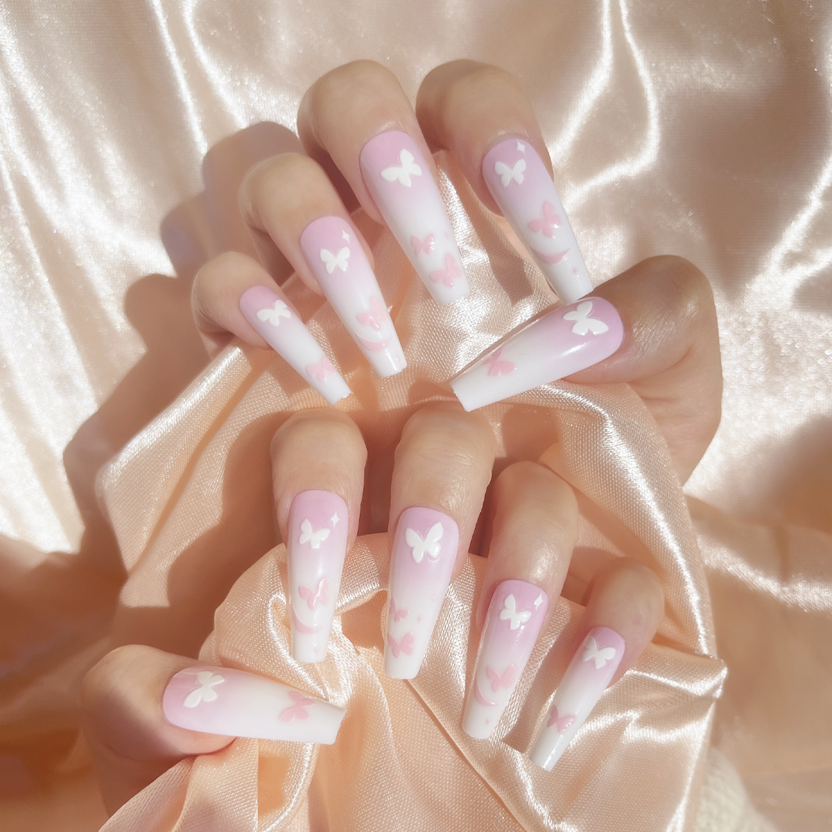 24 PCS PRESS ON NAIL TIPS BALLET SHAPE PINK AND WHITE BLENDING BUTTERFLY PATTERN Specification drawing