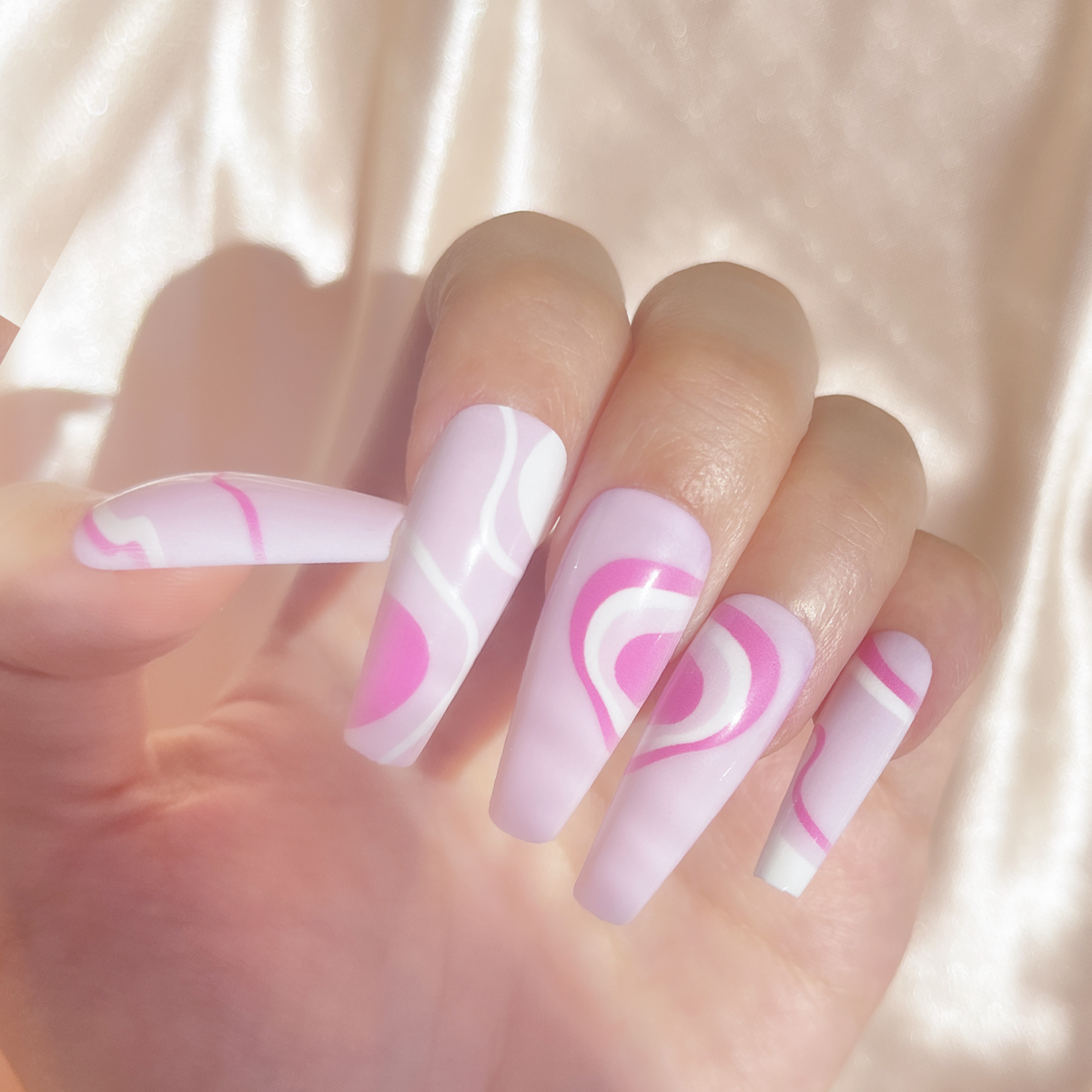 24 PCS PRESS ON NAIL TIPS BALLET SHAPE PINK LINES full figure