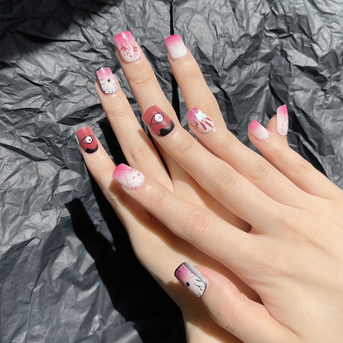 24 PCS PRESS ON NAIL TIPS SQUARE SHAPE EYES AND GHOST PATTERN Specification drawing