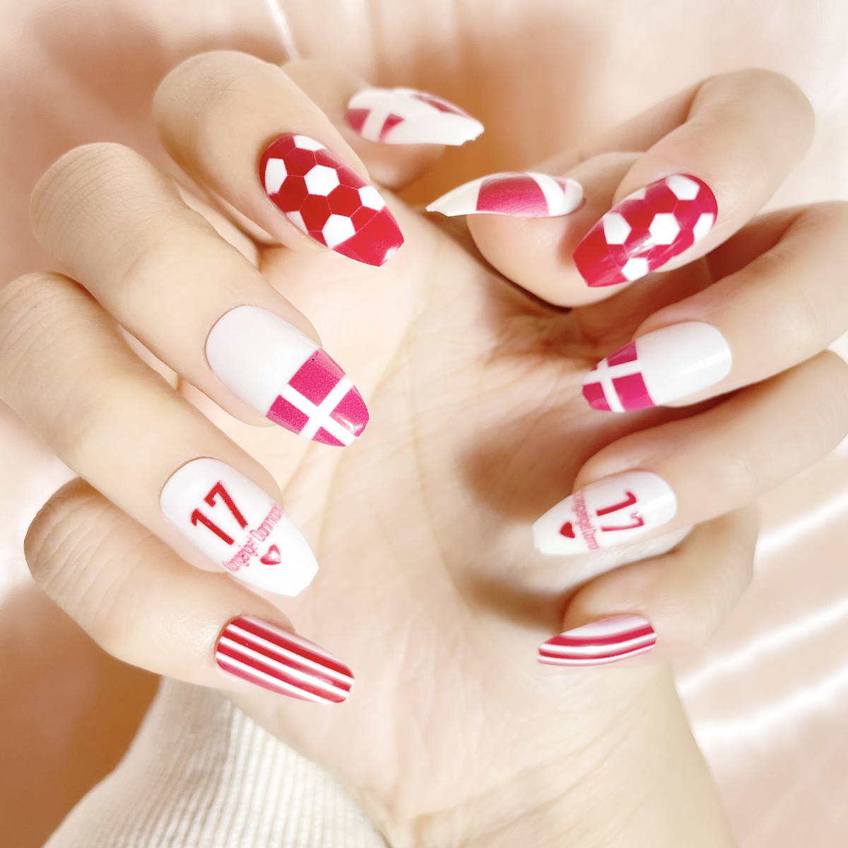 24 PCS PRESS ON NAIL TIPS COFFIN SHAPE PINK FOOTBALL PATTERN details Picture