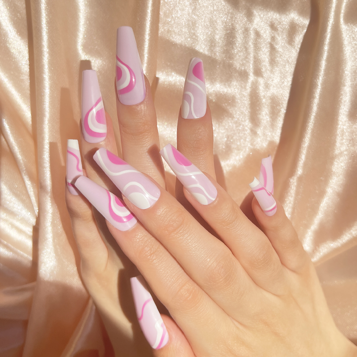 24 PCS PRESS ON NAIL TIPS BALLET SHAPE PINK LINES Specification drawing