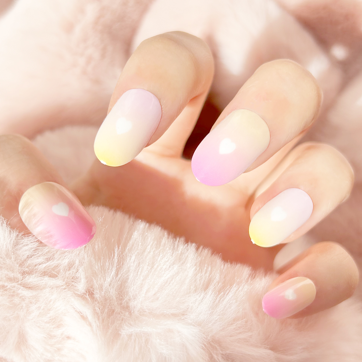 24 PCS PRESS ON NAIL TIPS OVAL SHAPE PINK AND YELLOW BLENDING Specification drawing