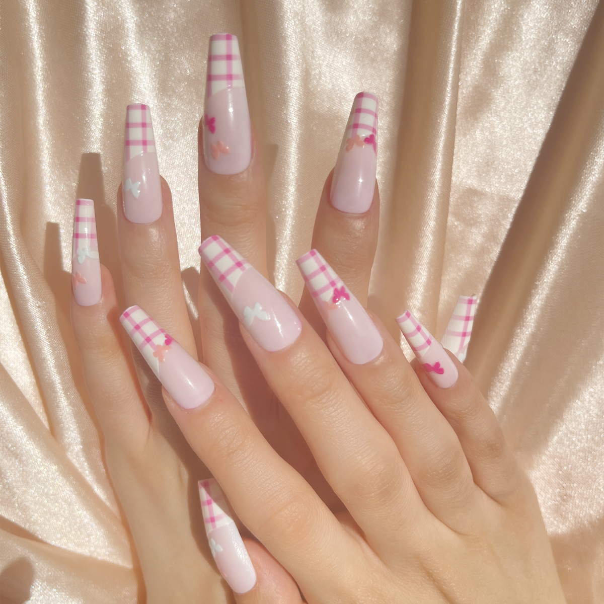 24 PCS PRESS ON NAIL TIPS BALLET SHAPE PINK BASE COLOR BUTTERFLY PATTERN details Picture