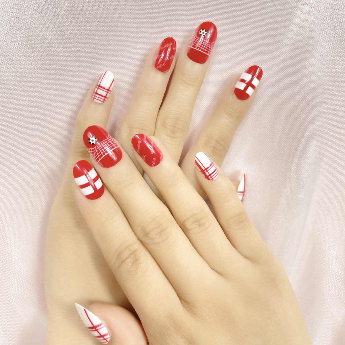 24 PCS PRESS ON NAIL TIPS OVAL SHAPE RED BASE COLOR FOOTBALL THEME Specification drawing