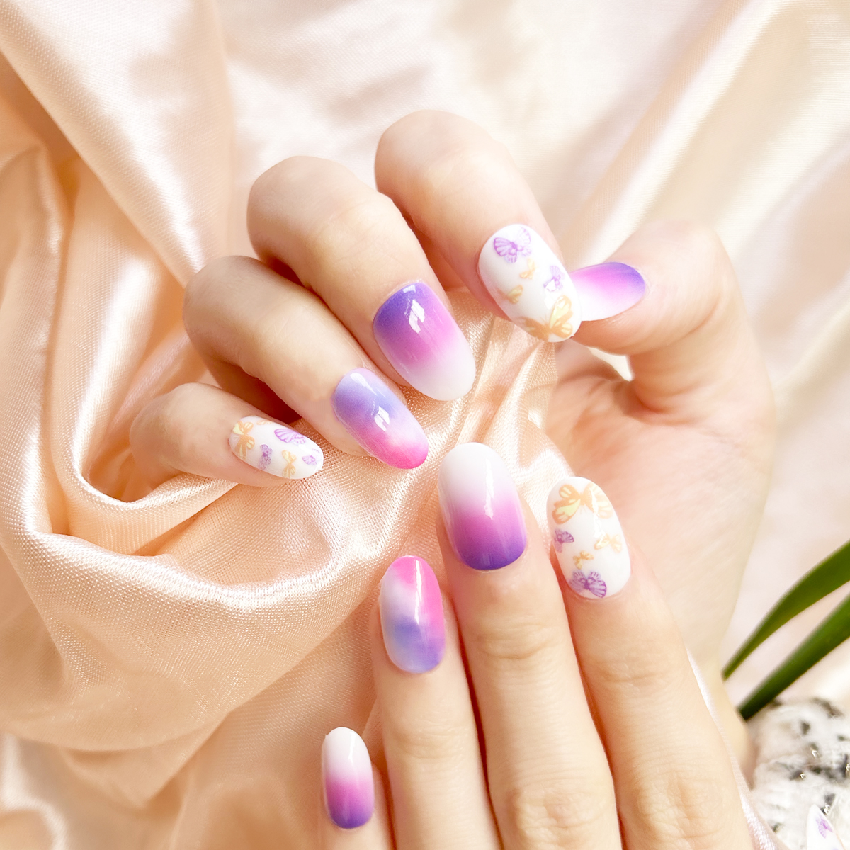 24 PCS PRESS ON NAIL TIPS OVAL SHAPE PINK PURPLE BLENDING  full figure