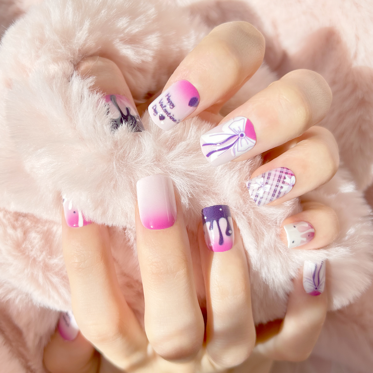 24 PCS PRESS ON NAIL TIPS SQUARE SHAPE BOW PATTERN details Picture