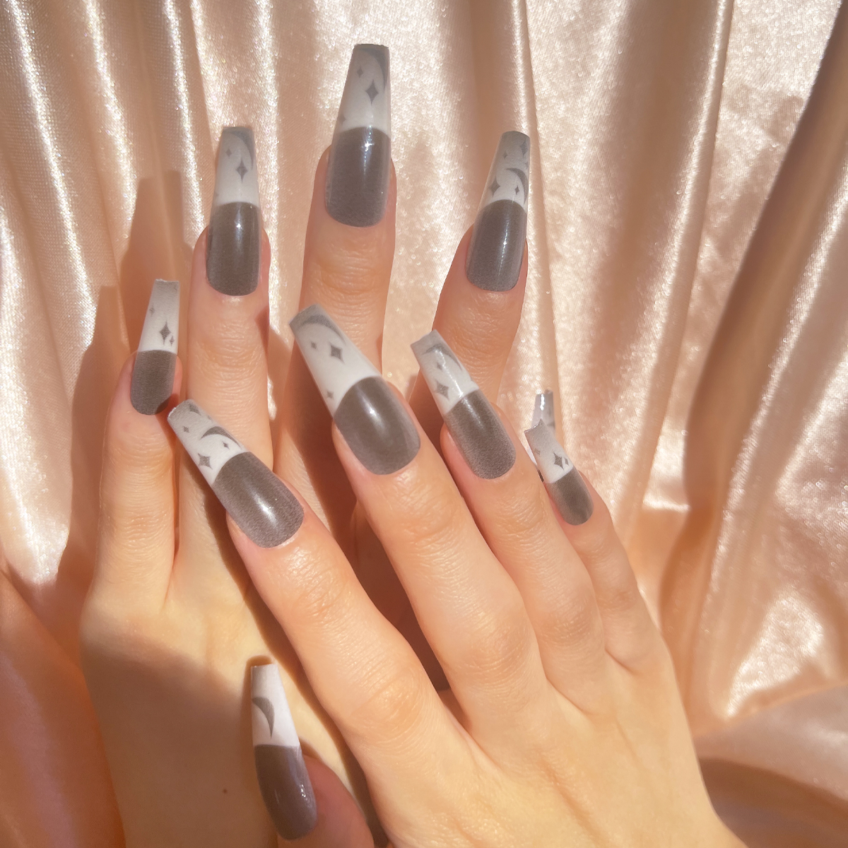 24 PCS PRESS ON NAIL TIPS BALLET SHAPE MOON AND STAR PATTERN full figure