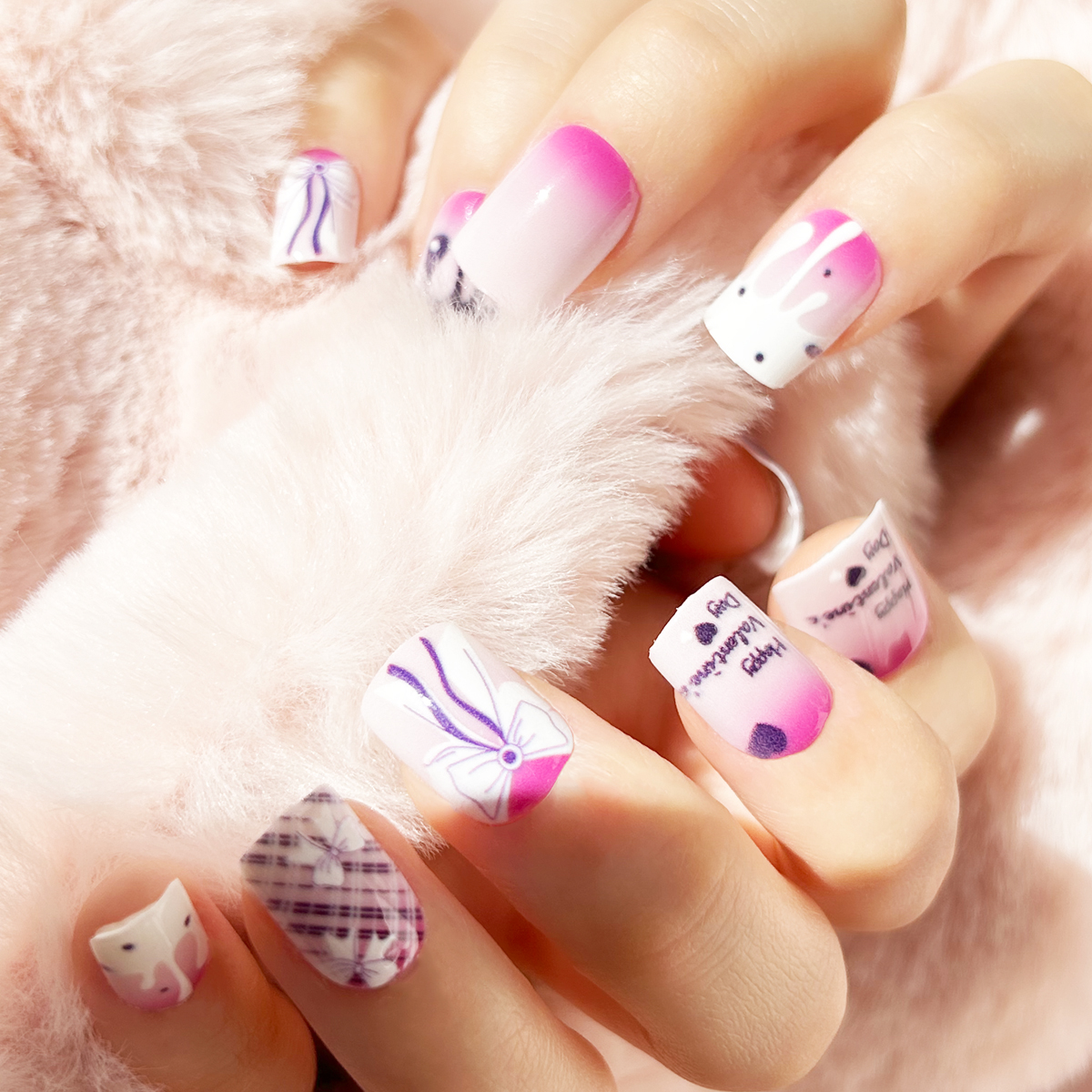 24 PCS PRESS ON NAIL TIPS SQUARE SHAPE BOW PATTERN full figure