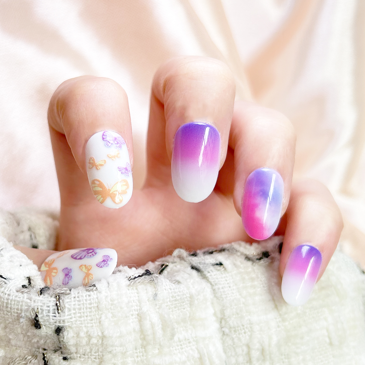 24 PCS PRESS ON NAIL TIPS OVAL SHAPE PINK PURPLE BLENDING  details Picture