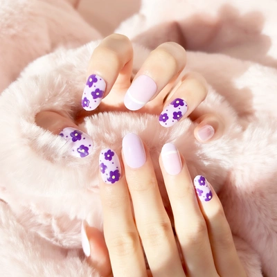 24 PCS PRESS ON NAIL TIPS OVAL SHAPE PURPLE FLOWER PATTERN thumbnail