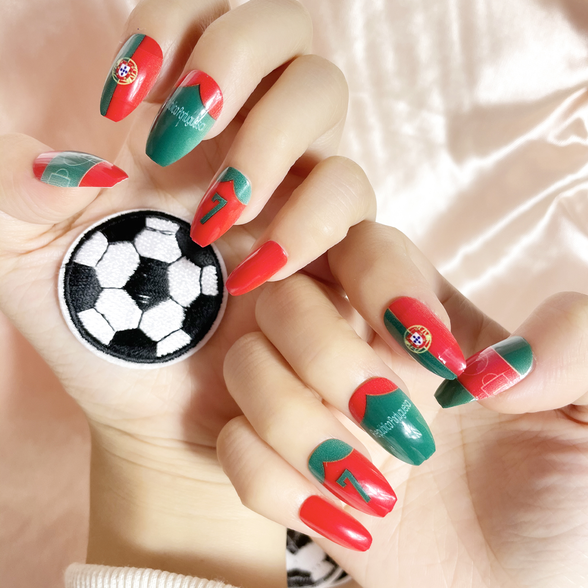 24 PCS PRESS ON NAIL TIPS COFFIN SHAPE PORTUGUESE FOOTBALL TEAM full figure