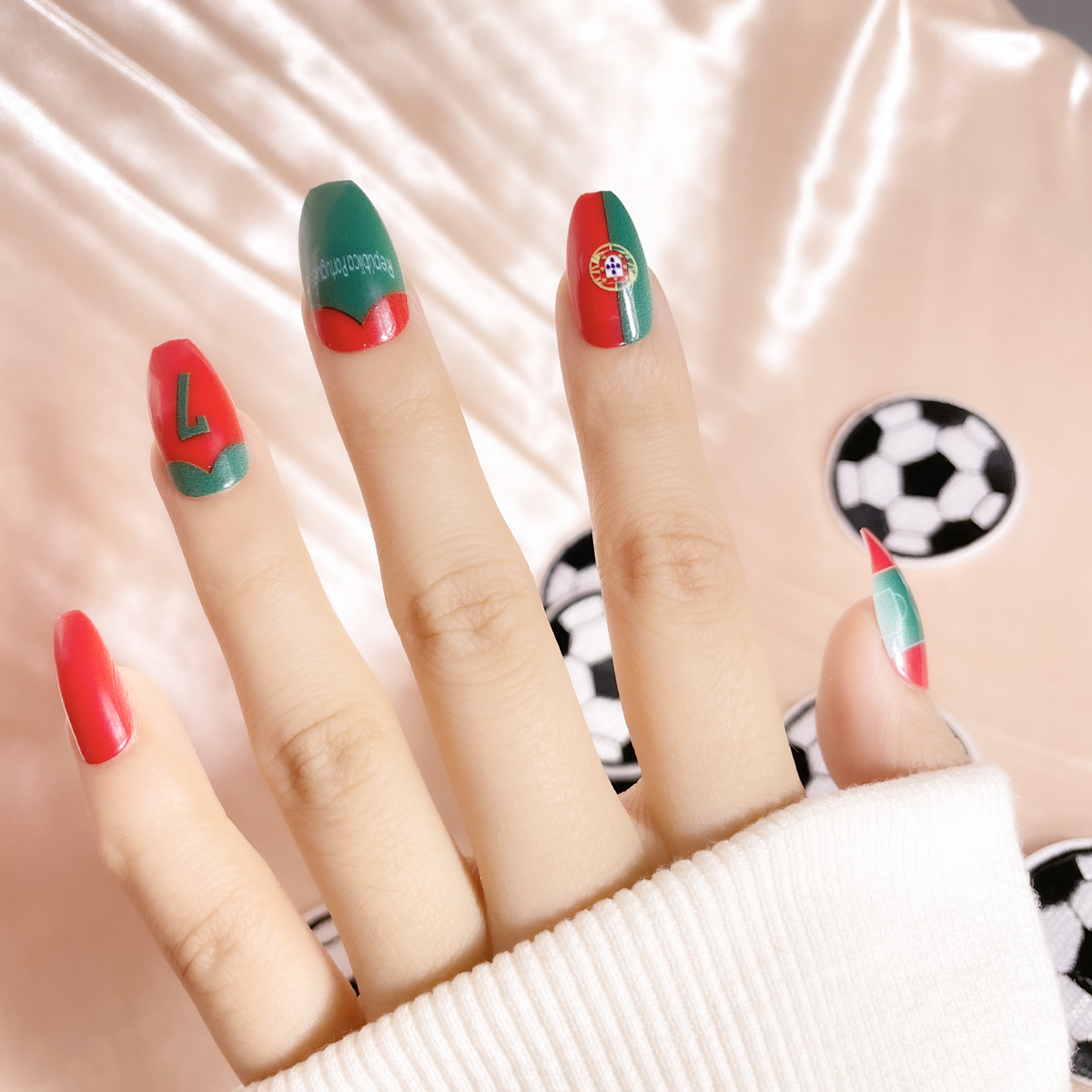 24 PCS PRESS ON NAIL TIPS COFFIN SHAPE PORTUGUESE FOOTBALL TEAM Specification drawing