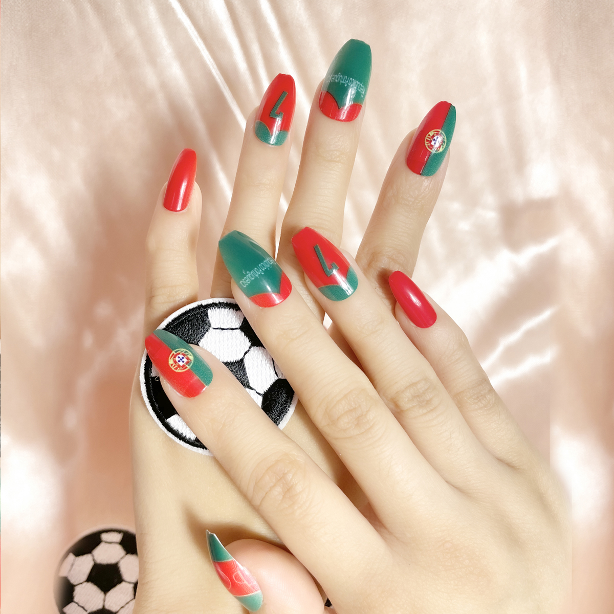 24 PCS PRESS ON NAIL TIPS COFFIN SHAPE PORTUGUESE FOOTBALL TEAM Item Picture