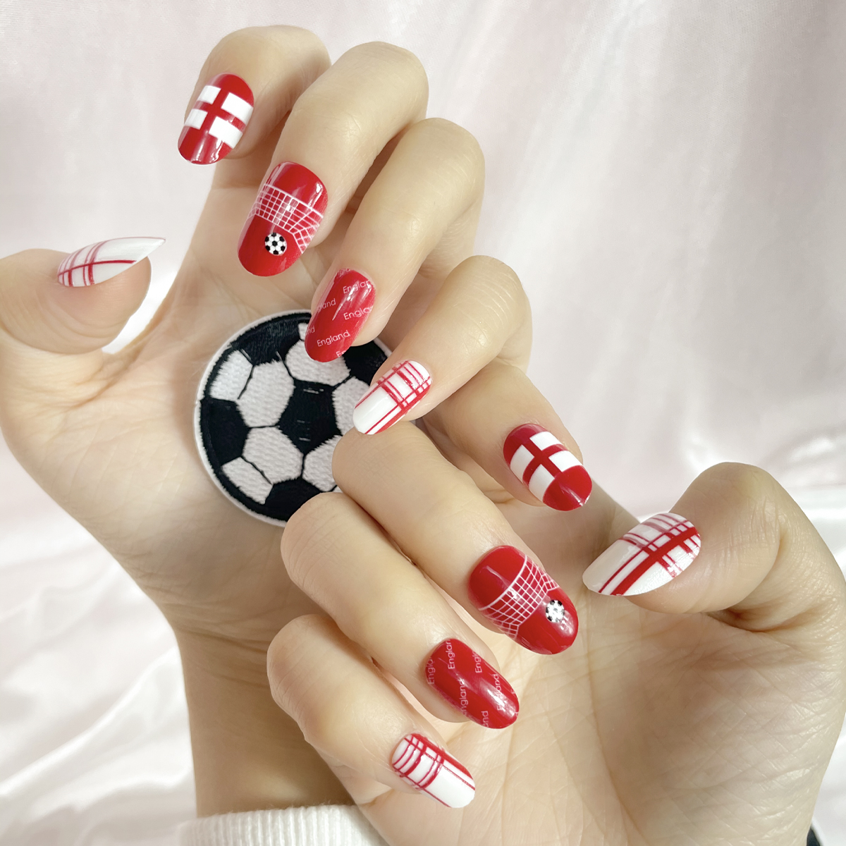 24 PCS PRESS ON NAIL TIPS OVAL SHAPE RED BASE COLOR FOOTBALL THEME full figure