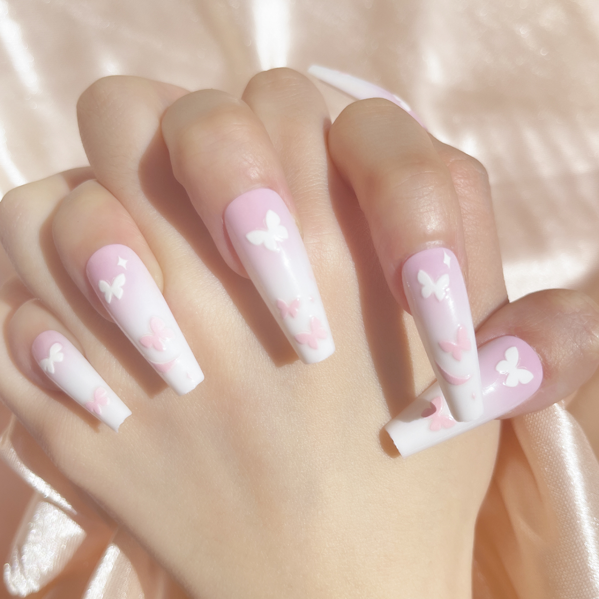 24 PCS PRESS ON NAIL TIPS BALLET SHAPE PINK AND WHITE BLENDING BUTTERFLY PATTERN Application Scenario