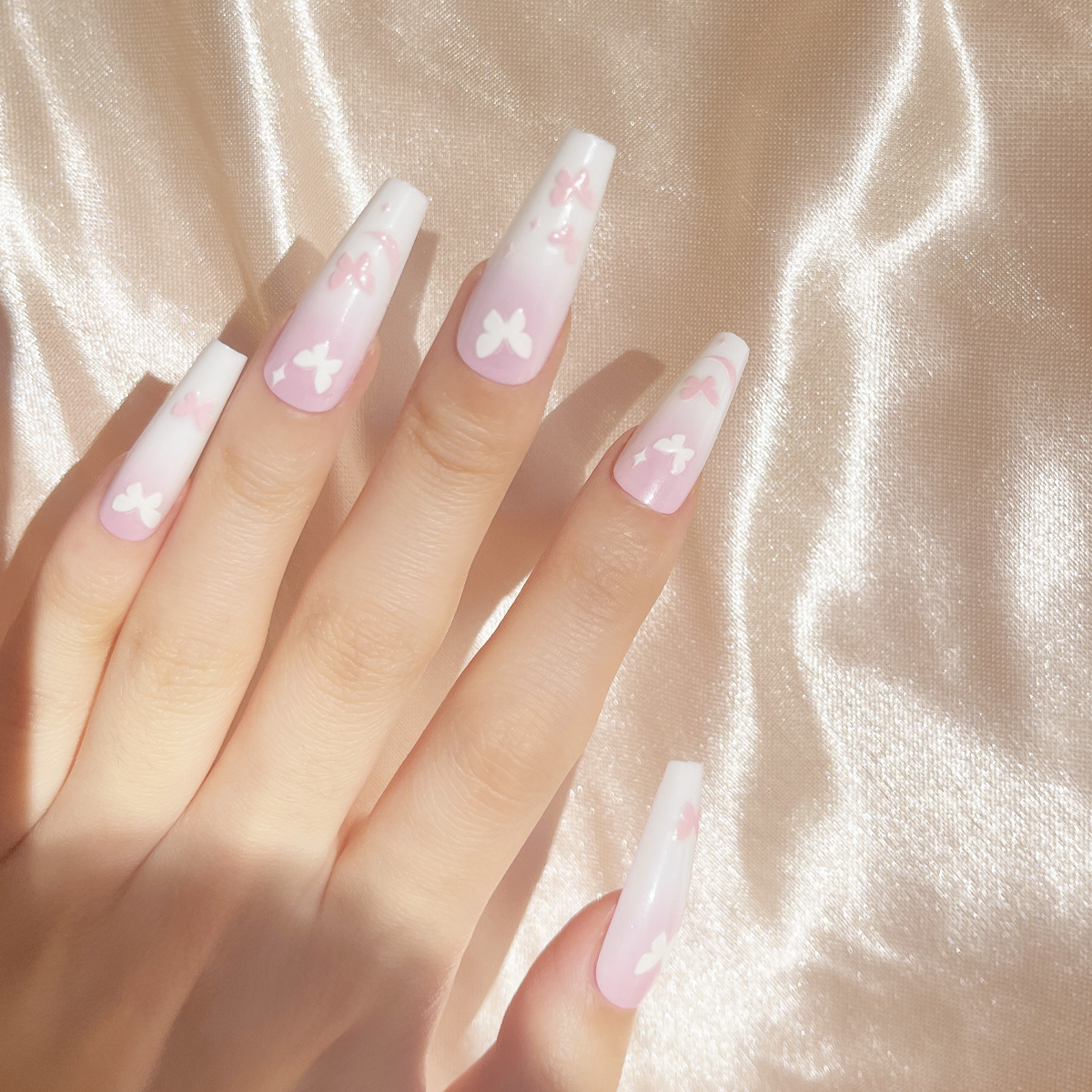 24 PCS PRESS ON NAIL TIPS BALLET SHAPE PINK AND WHITE BLENDING BUTTERFLY PATTERN Item Picture