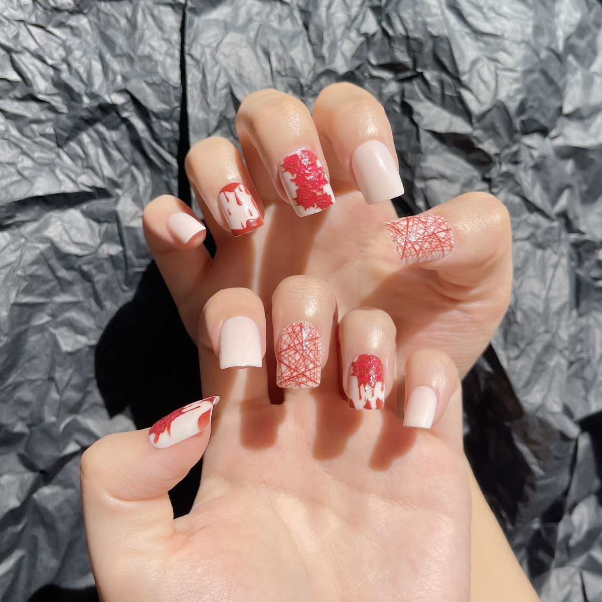 24 PCS PRESS ON NAIL TIPS SQUARE SHAPE BLOOD DROPLETS PATTERN details Picture