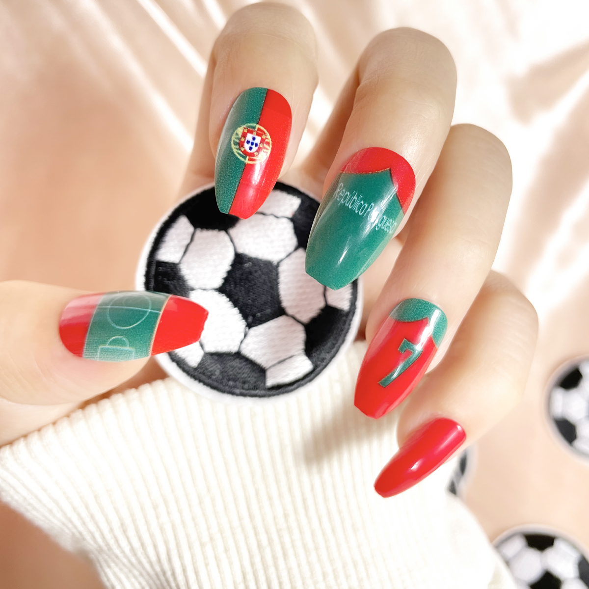 24 PCS PRESS ON NAIL TIPS COFFIN SHAPE PORTUGUESE FOOTBALL TEAM details Picture