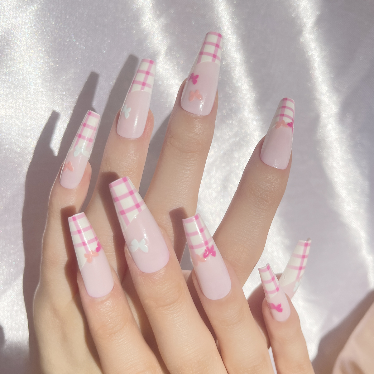 24 PCS PRESS ON NAIL TIPS BALLET SHAPE PINK BASE COLOR BUTTERFLY PATTERN undefined