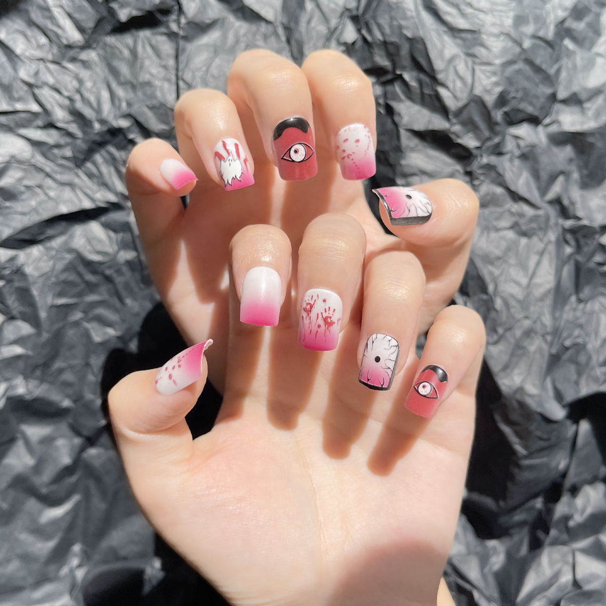 24 PCS PRESS ON NAIL TIPS SQUARE SHAPE EYES AND GHOST PATTERN full figure