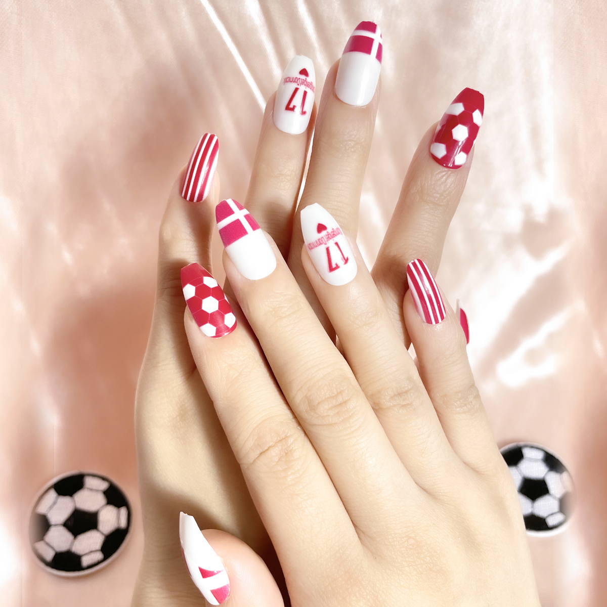 24 PCS PRESS ON NAIL TIPS COFFIN SHAPE PINK FOOTBALL PATTERN Item Picture