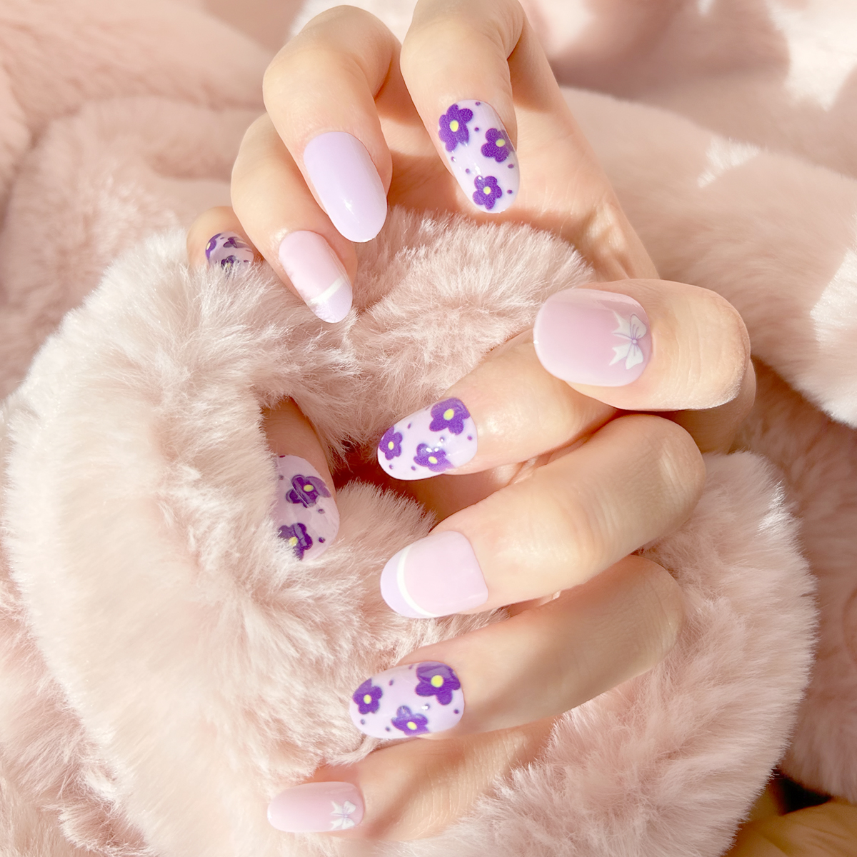 24 PCS PRESS ON NAIL TIPS OVAL SHAPE PURPLE FLOWER PATTERN details Picture