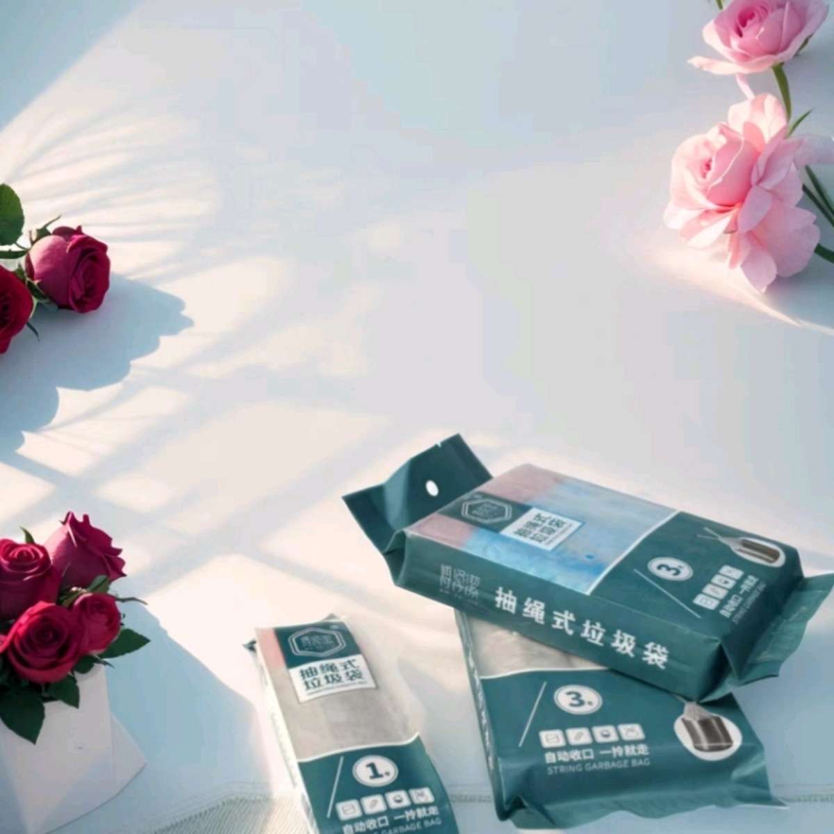8003-3卷家用办公室收纳手提式垃圾袋拉绳试加厚大卷自动收口方便45*50cm产品图
