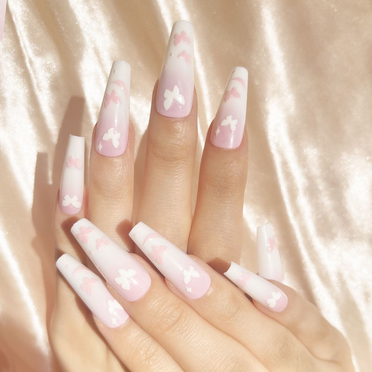 24 PCS PRESS ON NAIL TIPS BALLET SHAPE PINK AND WHITE BLENDING BUTTERFLY PATTERN details Picture