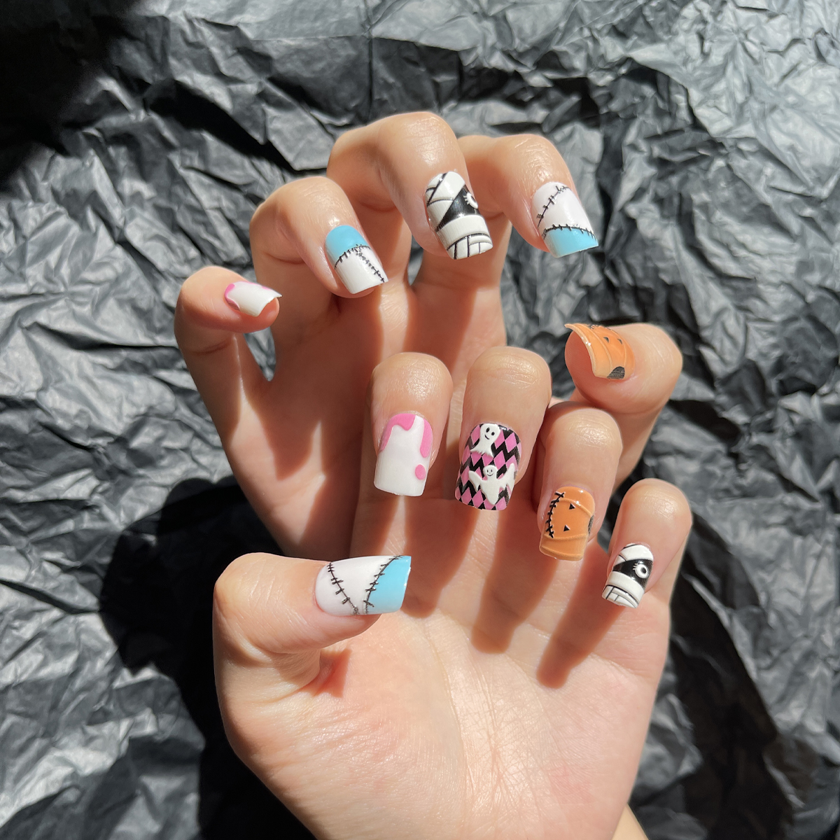 24 PCS PRESS ON NAIL TIPS SQUARE SHAPE PUMPKIN AND GHOST PATTERN details Picture