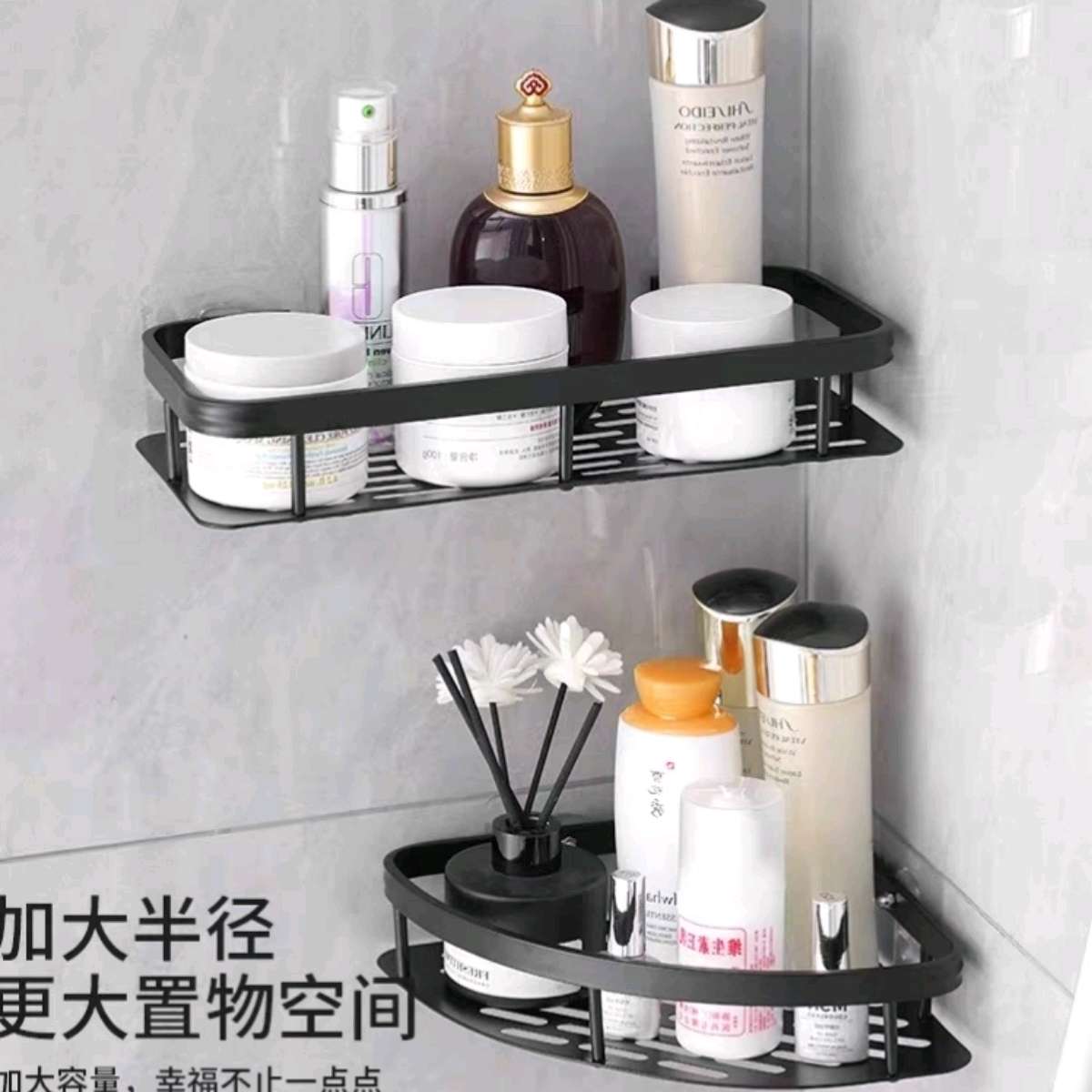 Aluminum hollow widened rolled edge triangular seamless storage rack, no need for drilling, bathroom triangular storage rack, wall-mounted toilet, washroom, shower room wall storage hanging rack Specification image