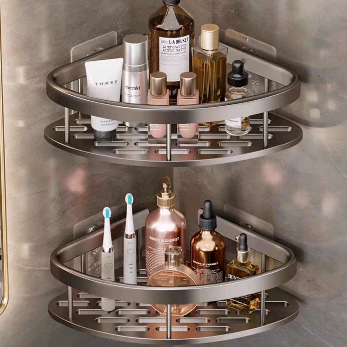 Aluminum hollow widened rolled edge triangular seamless storage rack, no need for drilling, bathroom triangular storage rack, wall-mounted toilet, washroom, shower room wall storage hanging rack